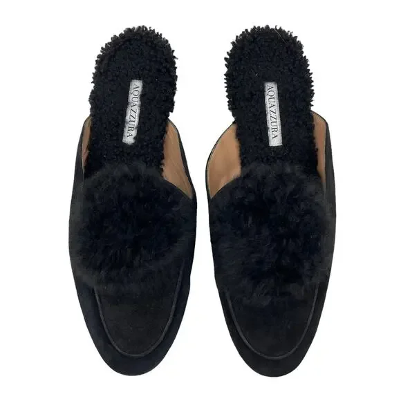 Aquazzura Foxy Mules Pom Pom Suede Shearling Black Size 40